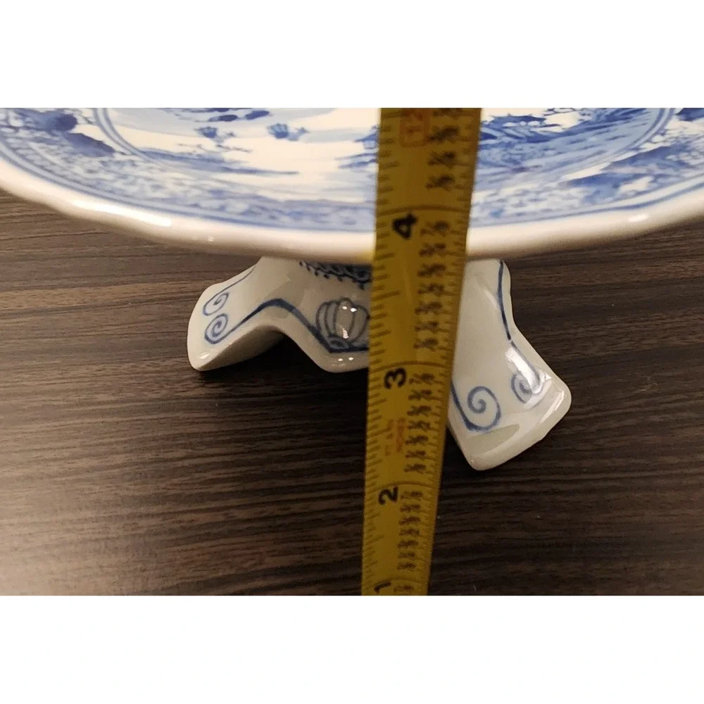 Vintage Chinese Tazza Blue Porcelain Footed Pedestal Plate Platter